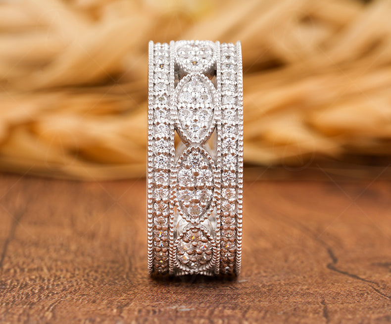 Vintage Filigree Anniversary Bands Women, Wide Full Eternity Band, Art Deco Moissanite Wedding Band Gold, Unique Thick Promise Ring For Her