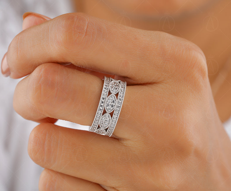 Vintage Filigree Anniversary Bands Women, Wide Full Eternity Band, Art Deco Moissanite Wedding Band Gold, Unique Thick Promise Ring For Her