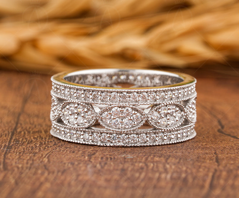 Vintage Filigree Anniversary Bands Women, Wide Full Eternity Band, Art Deco Moissanite Wedding Band Gold, Unique Thick Promise Ring For Her