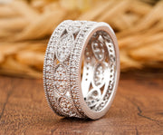 Vintage Filigree Anniversary Bands Women, Wide Full Eternity Band, Art Deco Moissanite Wedding Band Gold, Unique Thick Promise Ring For Her