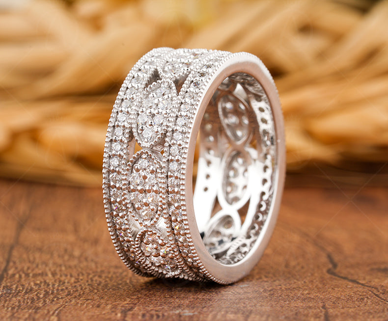 Vintage Filigree Anniversary Bands Women, Wide Full Eternity Band, Art Deco Moissanite Wedding Band Gold, Unique Thick Promise Ring For Her