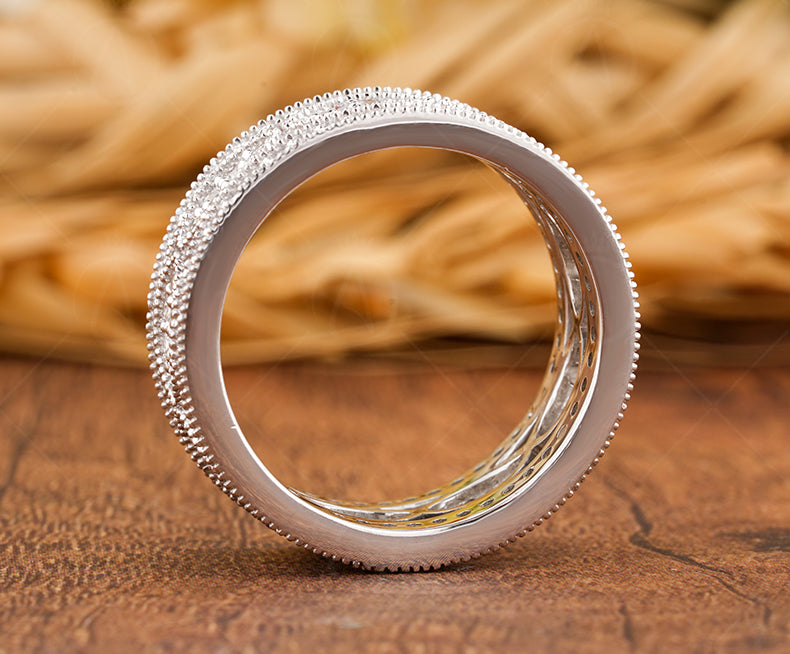 Vintage Filigree Anniversary Bands Women, Wide Full Eternity Band, Art Deco Moissanite Wedding Band Gold, Unique Thick Promise Ring For Her
