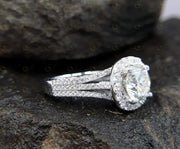 Vintage Halo Engagement Ring, Round Moissanite 935 Argentium Silver Wedding Ring, Gift for Her