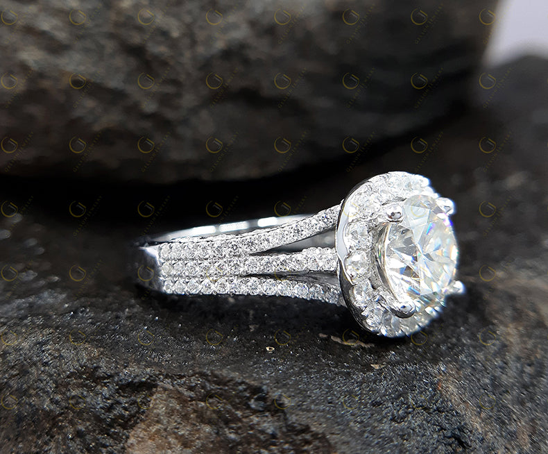 Vintage Halo Engagement Ring, Round Moissanite 935 Argentium Silver Wedding Ring, Gift for Her