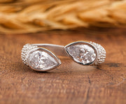 Vintage Toi Et Moi Ring, Bezel Set Pear Shaped Ring, Open Moissanite Ring, Teardrop Engagement Ring, Womens Micro Pave Ring, 14K Gold Ring