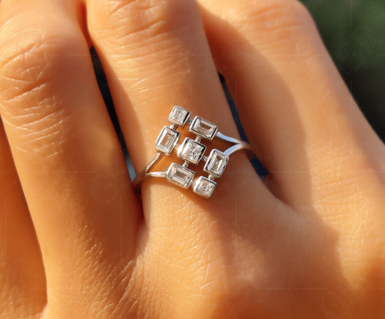 Princess & Baguette Moissanite Stacking Ring: Silver and Gold Elegance - Dainty Fashion Fine Jewelry - Promise & Anniversary Ring
