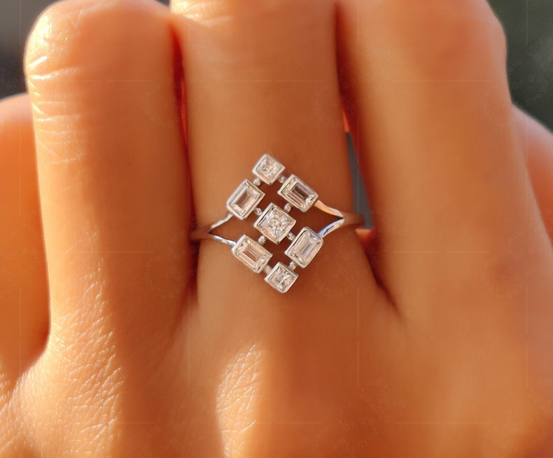 Princess & Baguette Moissanite Stacking Ring: Silver and Gold Elegance - Dainty Fashion Fine Jewelry - Promise & Anniversary Ring