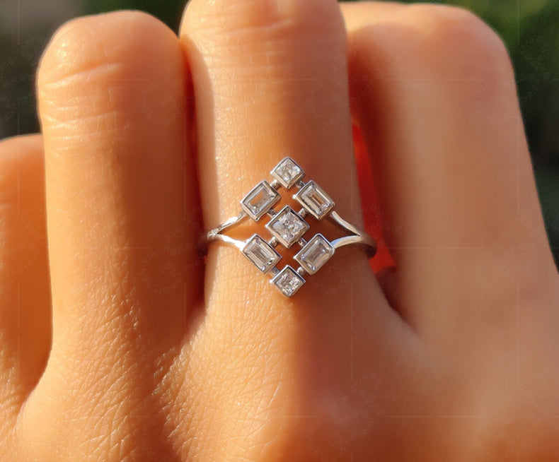 Princess & Baguette Moissanite Stacking Ring: Silver and Gold Elegance - Dainty Fashion Fine Jewelry - Promise & Anniversary Ring