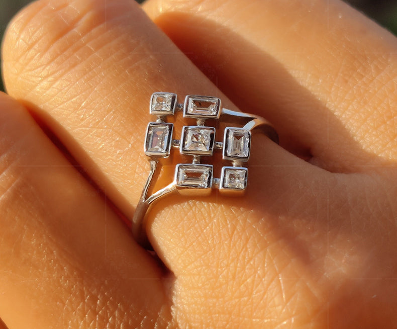 Princess & Baguette Moissanite Stacking Ring: Silver and Gold Elegance - Dainty Fashion Fine Jewelry - Promise & Anniversary Ring