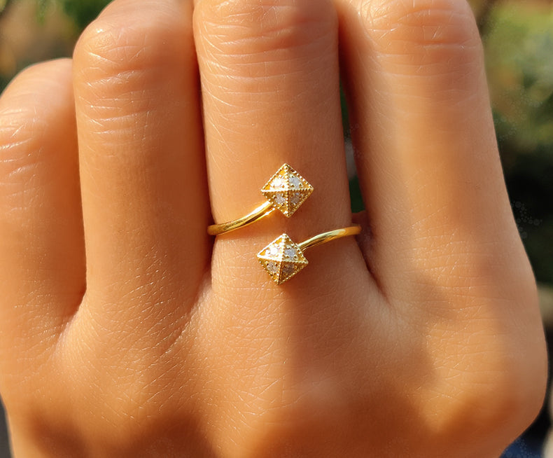 Silver and Gold Open Cuff Ring - Moissanite Stackable Ring - Vintage Inspired - Dainty Minimalist Jewelry - Promise Ring for Women