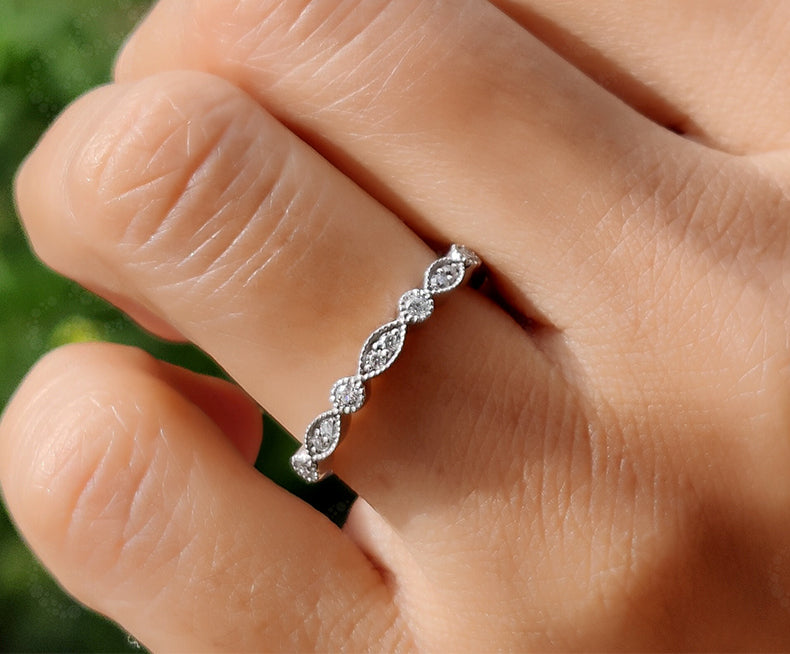 Silver and Gold Vintage Ring Band - Art Deco Half Eternity Stackable Ring - Colorless Moissanite Wedding Band - Delicate Minimalist Band for Her - Gelson World - Premium Silver and Gold Jewelry for USA Shoppers