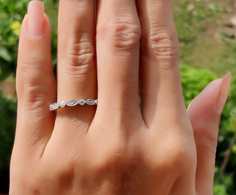 Silver and Gold Vintage Ring Band - Art Deco Half Eternity Stackable Ring - Colorless Moissanite Wedding Band - Delicate Minimalist Band for Her - Gelson World - Premium Silver and Gold Jewelry for USA Shoppers