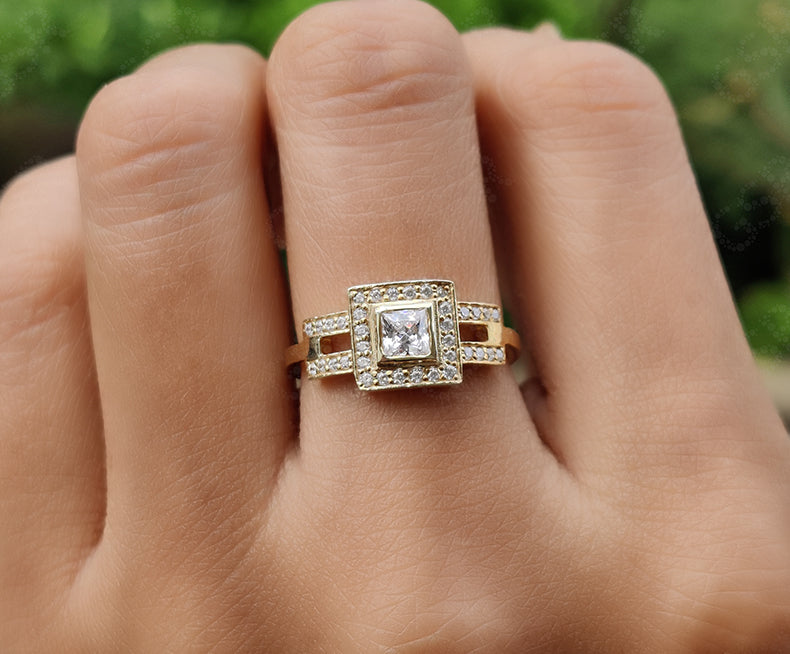Square Shape Moissanite Halo Engagement Ring Unique Silver and Gold Anniversary Ring Elegant Wedding Ring For Women Perfect Gift For Her