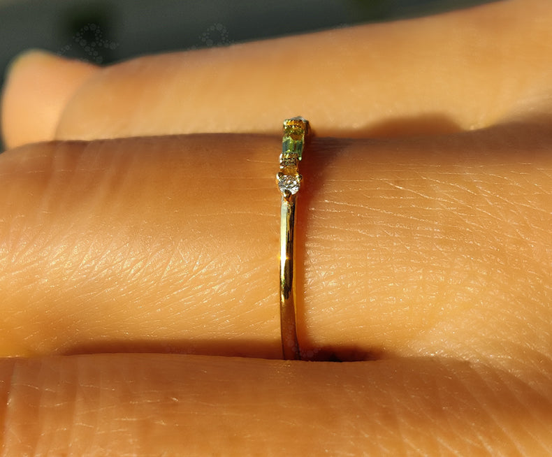 Stunning Stackable Birthstone Rings - Silver and Gold Baguette Peridot Stacking Beauty - Minimalist Three-Stone Dainty Ring