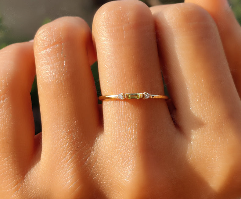 Stunning Stackable Birthstone Rings - Silver and Gold Baguette Peridot Stacking Beauty - Minimalist Three-Stone Dainty Ring