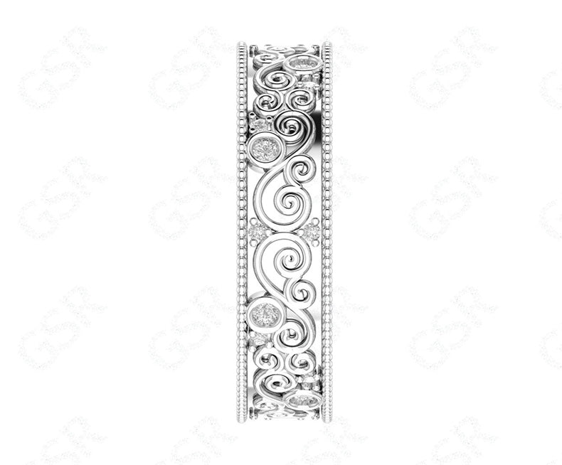 Vintage Full Eternity Floral Wedding Band in Silver and Gold with Moissanite Stones - Nature-Inspired Anniversary Gift for Her