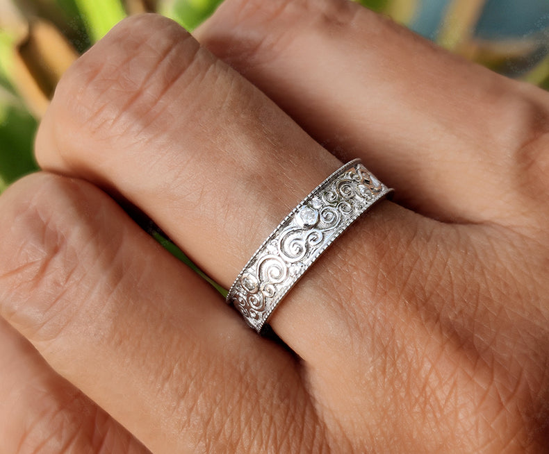 Vintage Full Eternity Floral Wedding Band in Silver and Gold with Moissanite Stones - Nature-Inspired Anniversary Gift for Her