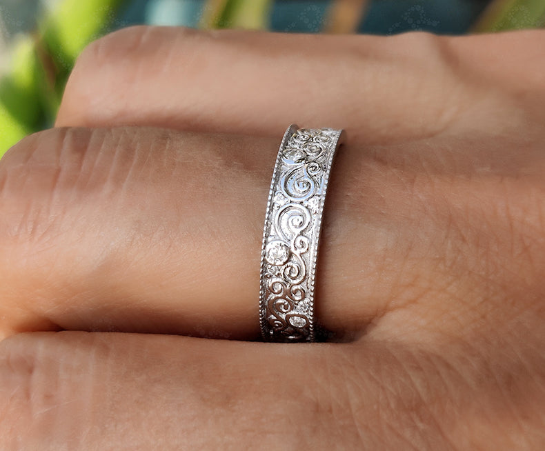 Vintage Full Eternity Floral Wedding Band in Silver and Gold with Moissanite Stones - Nature-Inspired Anniversary Gift for Her