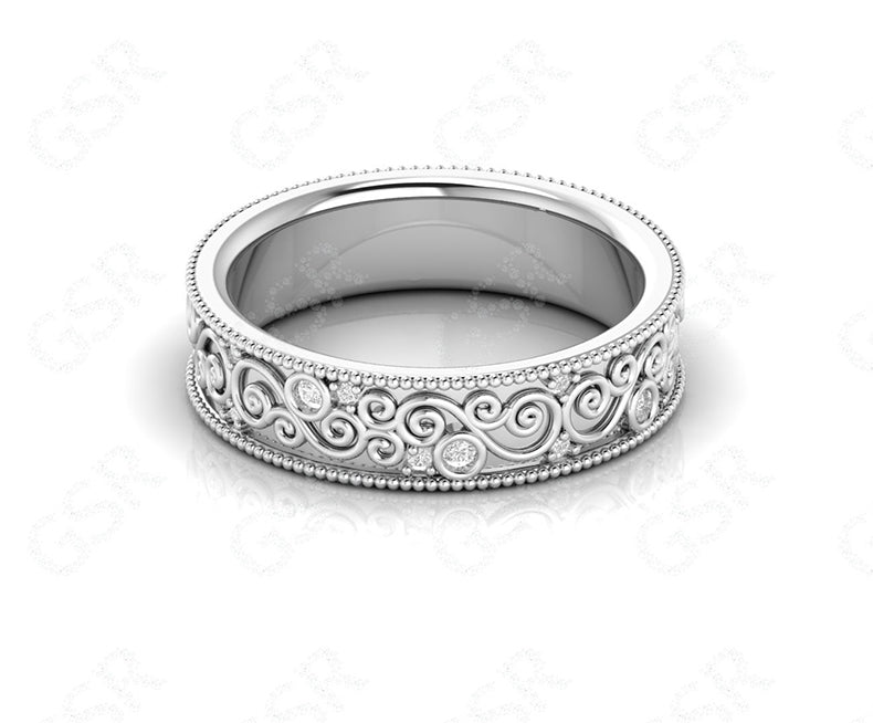 Vintage Full Eternity Floral Wedding Band in Silver and Gold with Moissanite Stones - Nature-Inspired Anniversary Gift for Her