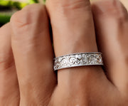 Vintage Full Eternity Floral Wedding Band in Silver and Gold with Moissanite Stones - Nature-Inspired Anniversary Gift for Her