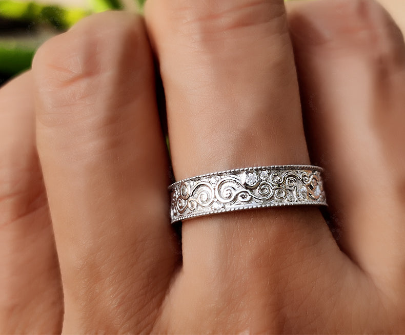 Vintage Full Eternity Floral Wedding Band in Silver and Gold with Moissanite Stones - Nature-Inspired Anniversary Gift for Her