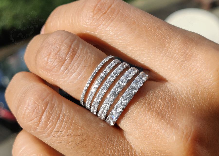 Elegant Round Cut Colorless Moissanite Pave Wedding Band - Silver and Solid Gold Full Eternity Ring - Minimalist Bridal Ring Set
