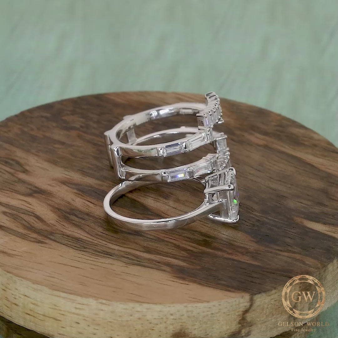Silver and Gold Moissanite Bridal Ring Set, Baguette Ring Jacket, Solitaire Princess Engagement Ring, Wedding Ring Enhancer, Wrap guard band