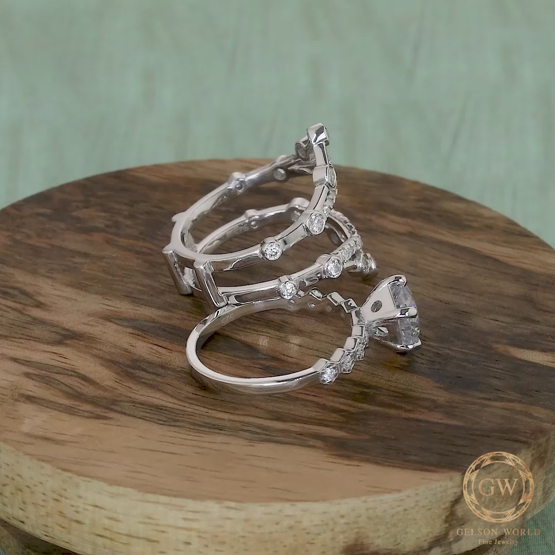 Moissanite Vintage Bridal Set, Ring Jacket and Engagement Ring, Double Chevron Ring, V-Shaped Wedding Ring Enhancer Set, wrap guard band