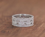 Vintage Filigree Anniversary Bands Women, Wide Full Eternity Band, Art Deco Moissanite Wedding Band Gold, Unique Thick Promise Ring For Her