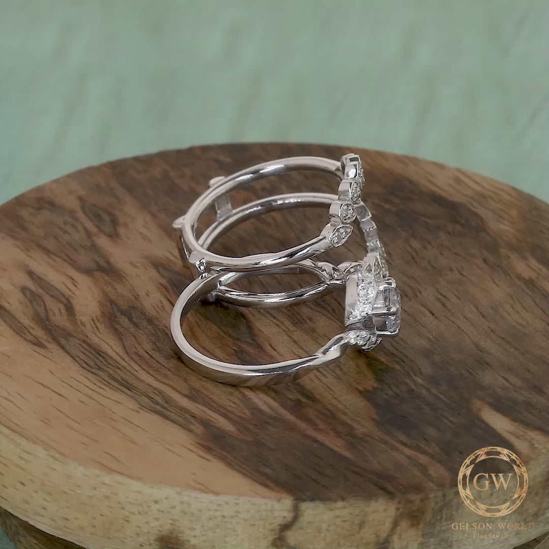 14K Gold Moissanite Vintage Bridal Ring Set, Ring Jacket and Solitaire Engagement Ring, Art Deco Wedding Ring Enhancer, wrap guard band