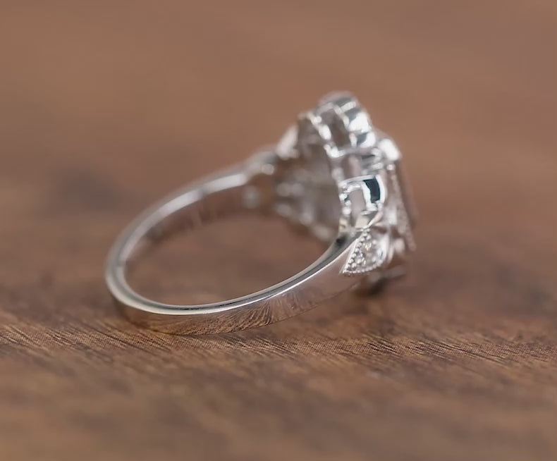 Flower Style Moissanite Ring, Nature Inspired Engagement Ring, Emerald Cut Art Deco Ring, Vintage Milgrain Ring, Floral Bezel Set Ring Women