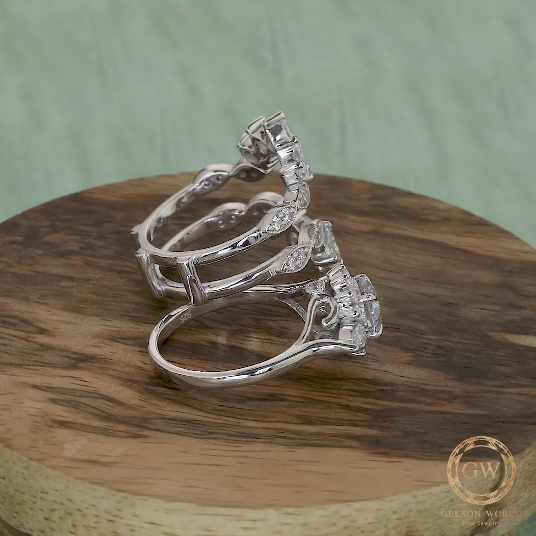 Starburst Engagement Enhancer Guard Ring, Round Marquise & Pear Moissanite Vintage Bridal Ring Set, Women Enhancer Wrap Wedding Ring
