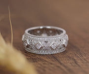 Art Deco Vintage Wedding Band, Moissanite Anniversary Bands For Women, Milgrain Vintage Band, Unique Wide Band Ring, Thick Gold Band