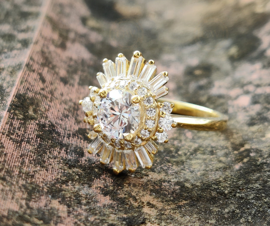2 Ct 14K Gold Art deco Cluster Round & Baguette Moissanite Halo Engagement Ring, Starburst Wedding Ring, Rings for Women - Gelson World - Premium Silver and Gold Jewelry for USA Shoppers