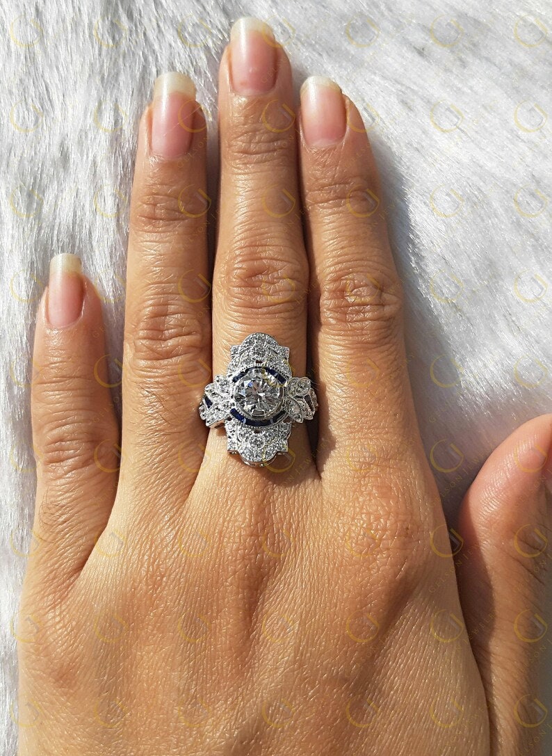 Antique Edwardian Ring, Estate Cocktail Ring, Moissanite Celebrity Style Ring, Large Vintage Engagement Ring, Unique Art Deco Womens Ring