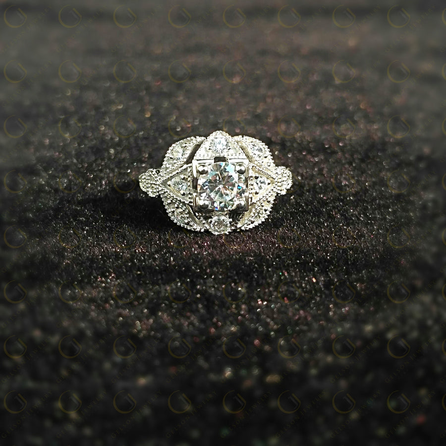 Vintage Engagement Ring, Round Simulated Diamond, Art Deco Wedding Ring, Milgrain ring, Unique Floral Design, Sterling Silver, Women Ring