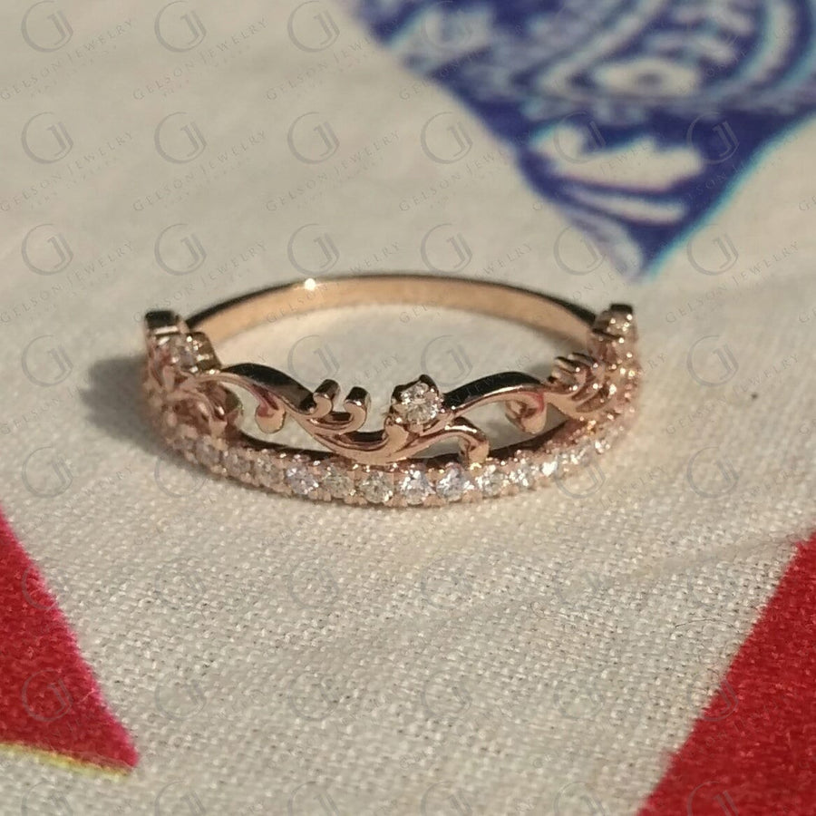 0.30 Ct Round Moissanite Anniversary Ring, Nature Inspired Floral Wedding Band, Rose Gold Ring, Bridal Women Ring, Stacking Rings