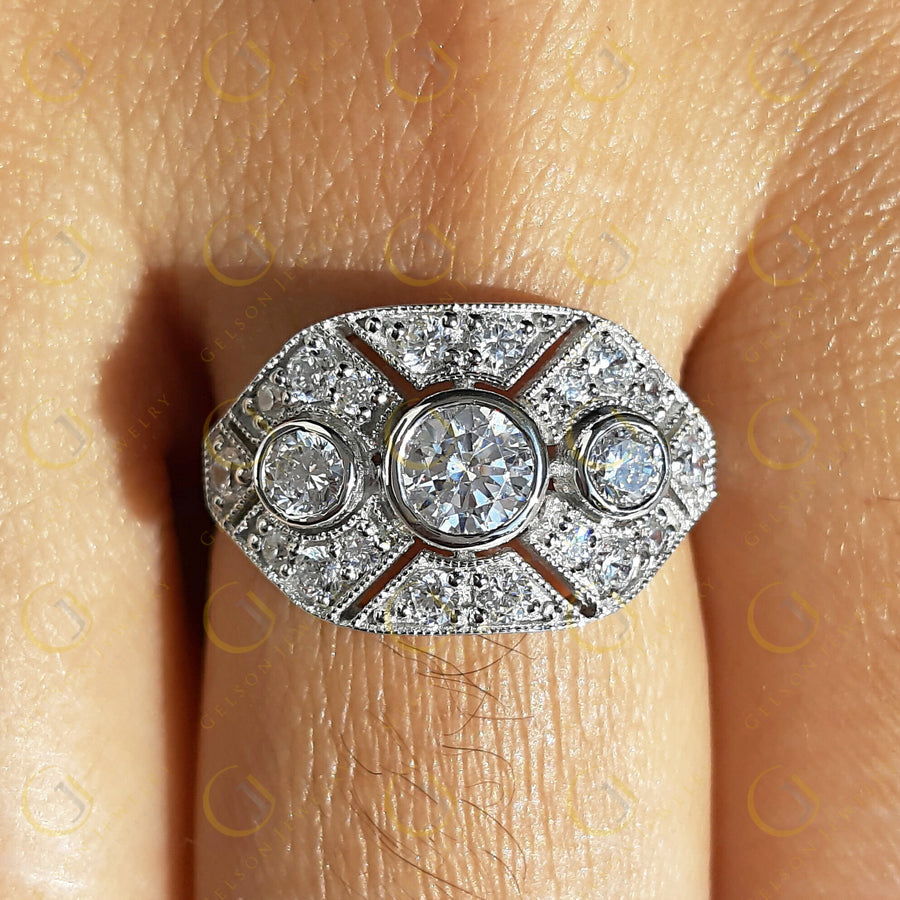 Round Moissanite Shield Vintage Engagement Ring, Unique Estate Wedding ring, Art Deco Sterling Silver Rings, Mothers Day Gift
