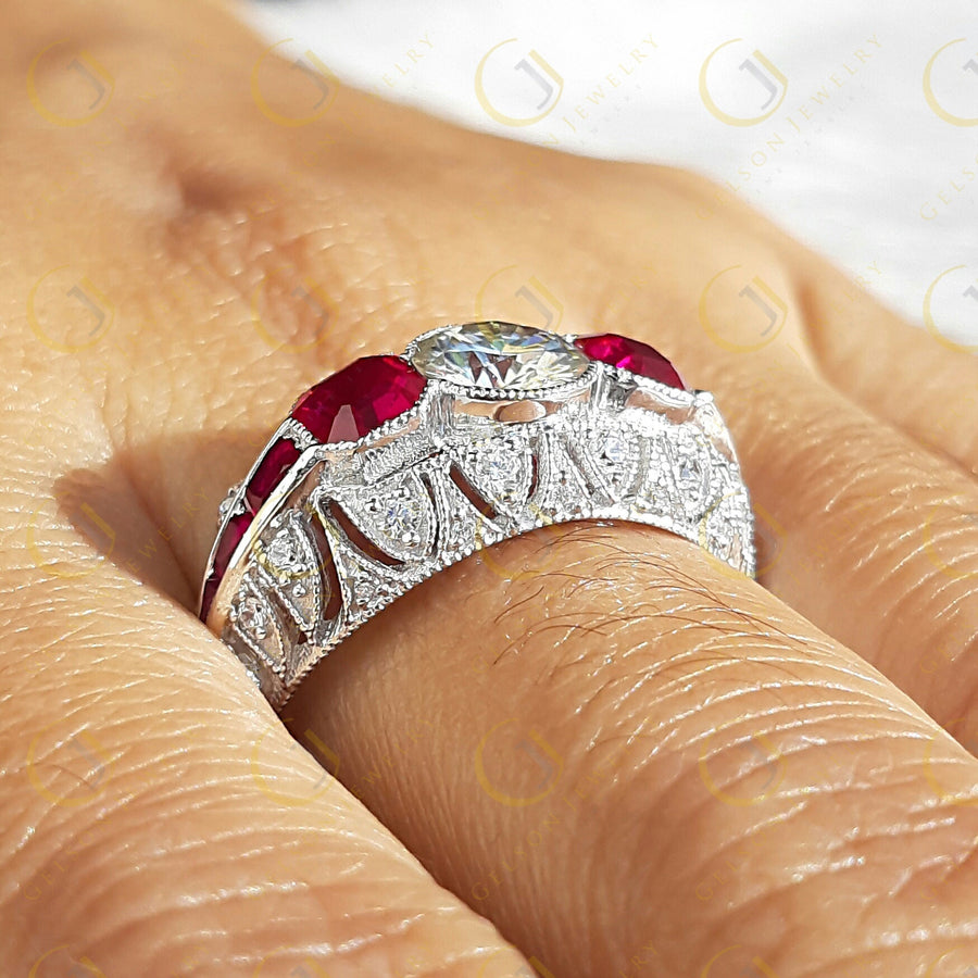 2.30 Ct Antique Ruby Engagement Ring, vintage moissanite ring, Sterling Silver, estate ruby ring, Ruby art deco ring, Rings for women