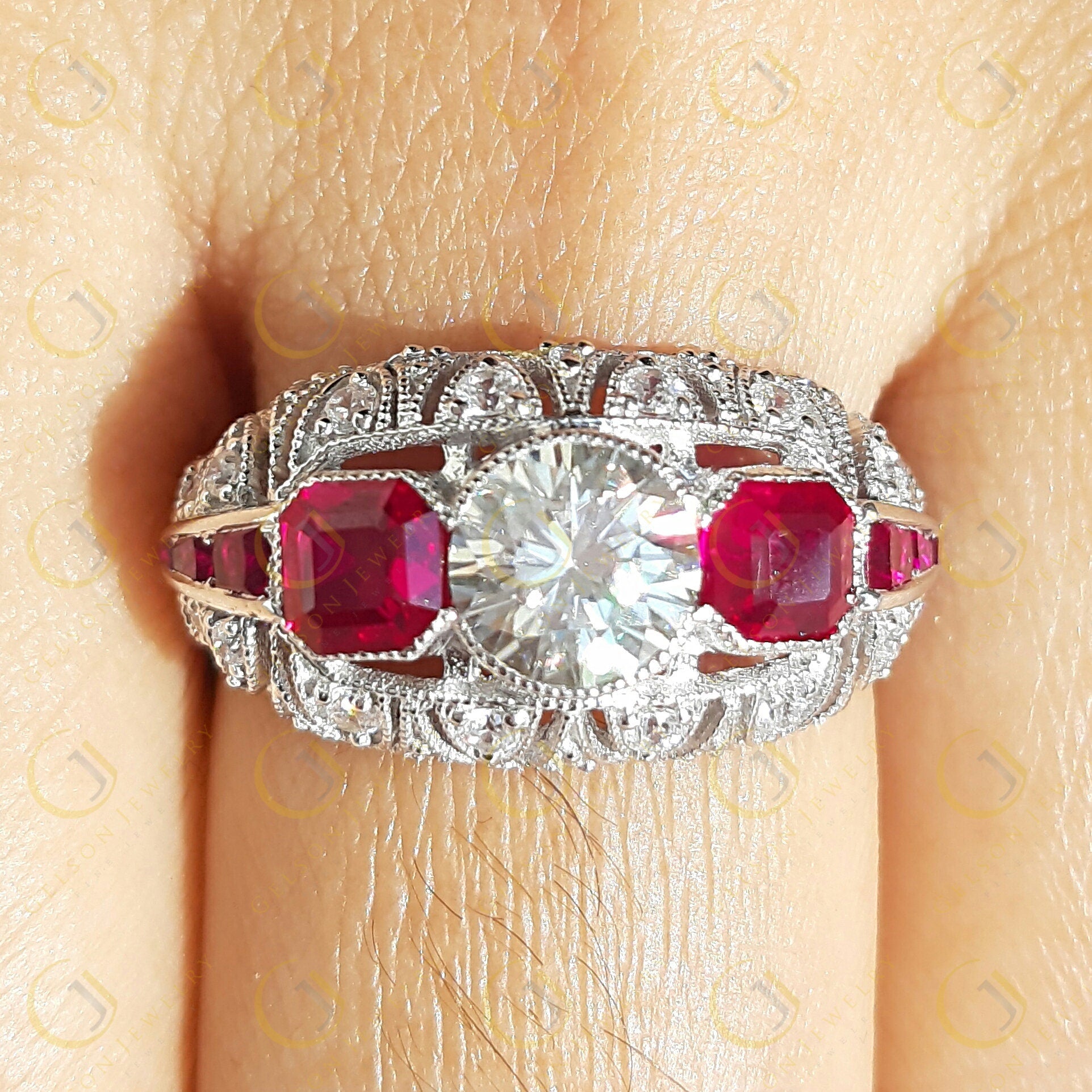 2.30 Ct Antique Ruby Engagement Ring, vintage moissanite ring, Sterling Silver, estate ruby ring, Ruby art deco ring, Rings for women