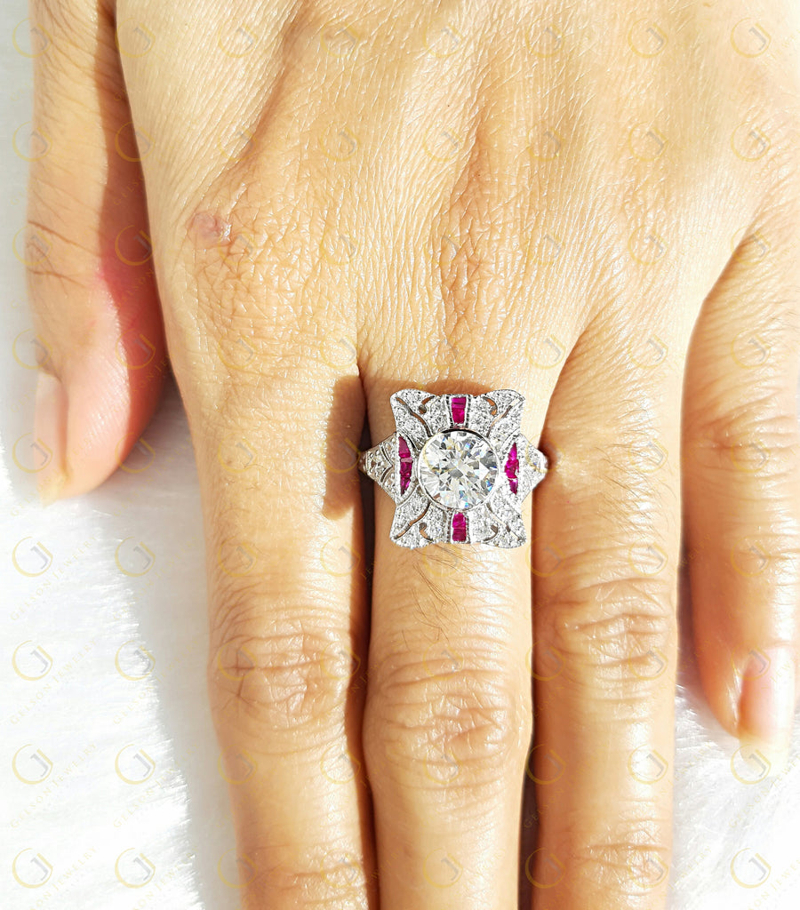 Edwardian Style Dinner Ring vintage reproduction 2.15 Ct Round Cut Near White Moissanite & Baguette Ruby ring antique vintage Style Ring