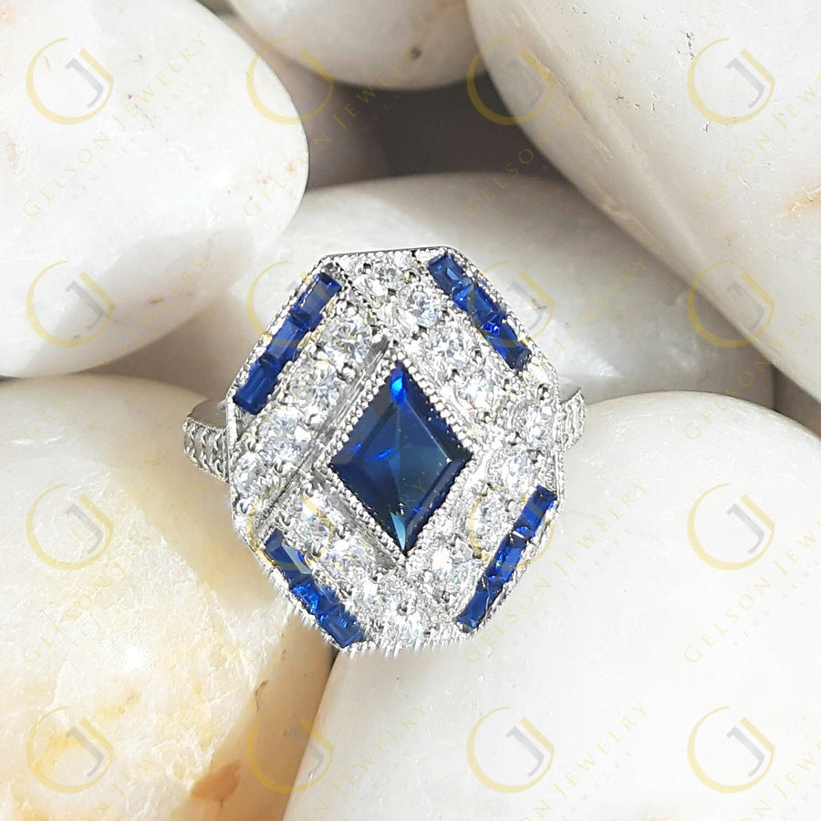 Estate Jewelry / Art Deco Engagement Ring / Blue Sapphire Vintage Wedding Ring For Women / Gift For Her