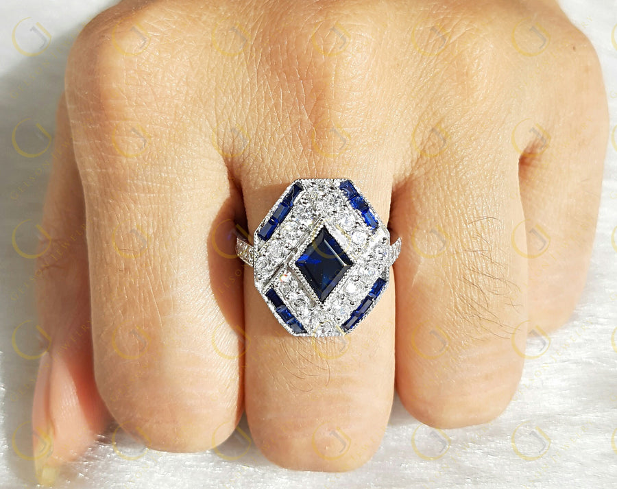 Estate Jewelry / Art Deco Engagement Ring / Blue Sapphire Vintage Wedding Ring For Women / Gift For Her