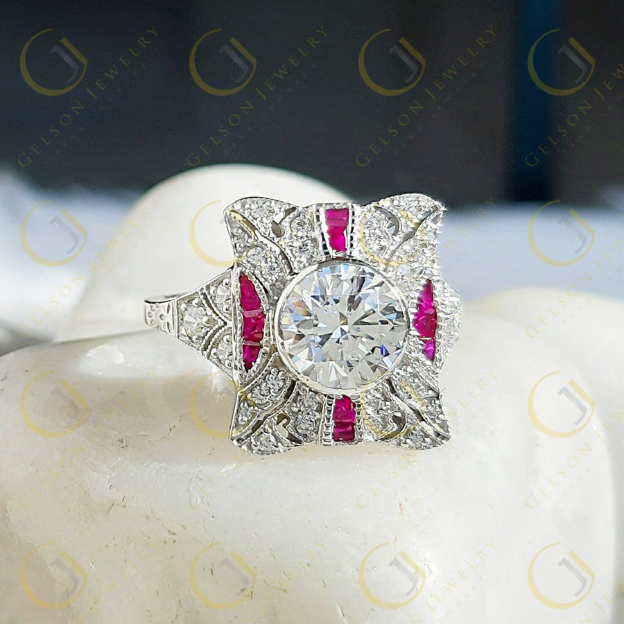 Edwardian Style Dinner Ring vintage reproduction 2.15 Ct Round Cut Near White Moissanite & Baguette Ruby ring antique vintage Style Ring