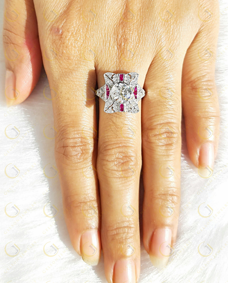 Edwardian Style Dinner Ring vintage reproduction 2.15 Ct Round Cut Near White Moissanite & Baguette Ruby ring antique vintage Style Ring