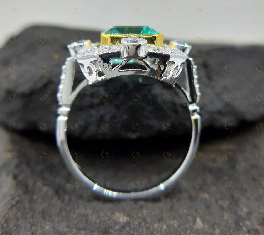Ocean Green Asscher cut Vintage Engagement ring, art deco style Wedding ring, Antique Two Tone statement ring In Sterling Silver