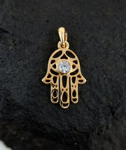 Golden Hamsa Hand Pendant - Symbolic Protection Necklace with Evil Eye Warding - 14K Solid Gold - Spiritual Jewelry