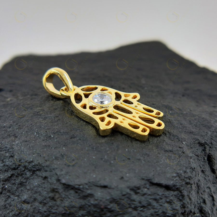 Golden Hamsa Hand Pendant - Symbolic Protection Necklace with Evil Eye Warding - 14K Solid Gold - Spiritual Jewelry