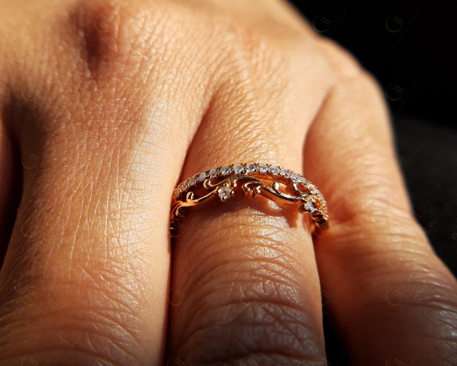 0.30 Ct Round Moissanite Anniversary Ring, Nature Inspired Floral Wedding Band, Rose Gold Ring, Bridal Women Ring, Stacking Rings