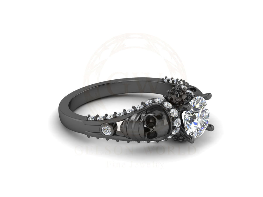 Unique Gothic Skull Engagement Ring, Two Skull Ring, Round Simulated Diamond, Black Skull Head With Mask, Women Skull Ring, Propose Ring